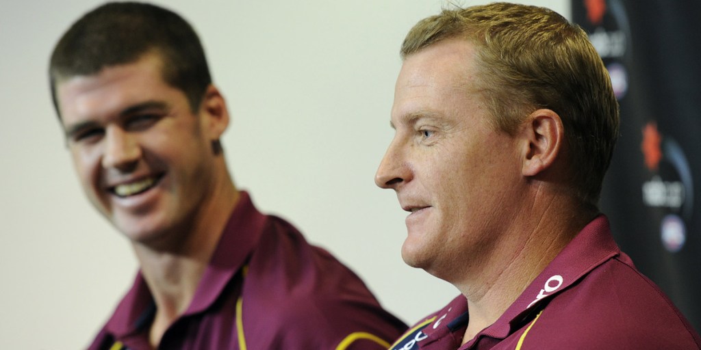 Jonathan Brown (l) with coach Michael Voss 