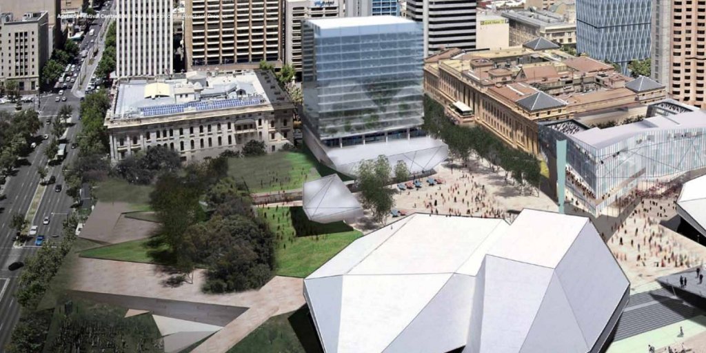 The new office block on the Festival Plaza, as envisaged in the 2011 Adelaide Festival Centre masterplan
