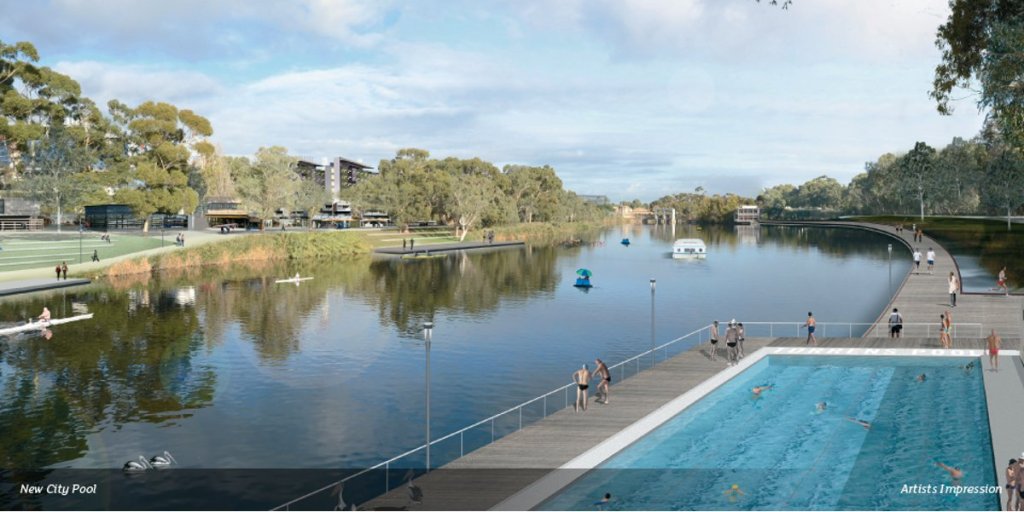 A render of how a proposed city pool might look on the banks of the Torrens. Image: Renewal SA