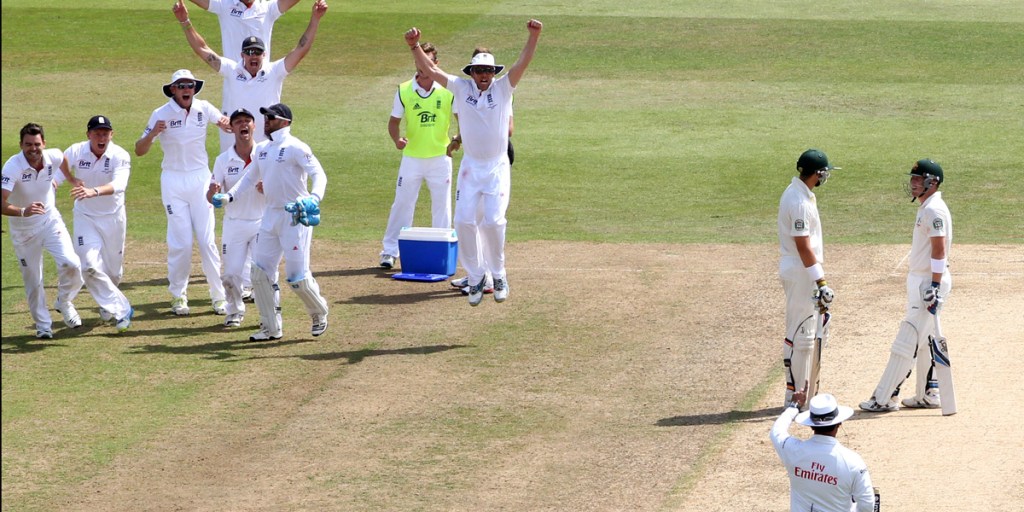 England start celebrating as Umpire Aleem Dar gives Australia's Brad Haddin out