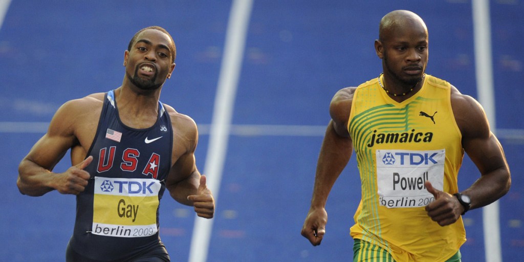 Tyson Gay (L) and Asafa Powell (R) in the 2009 IAAF Athletics World Championships in Berlin.