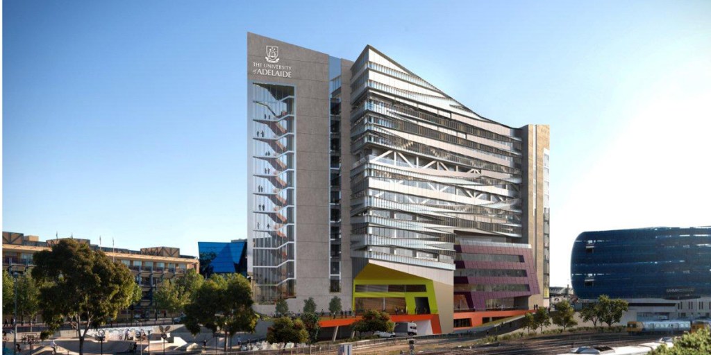 An impression of the new University of Adelaide medical school. The easement for a future subway is beneath the green entrance at the centre of the building.