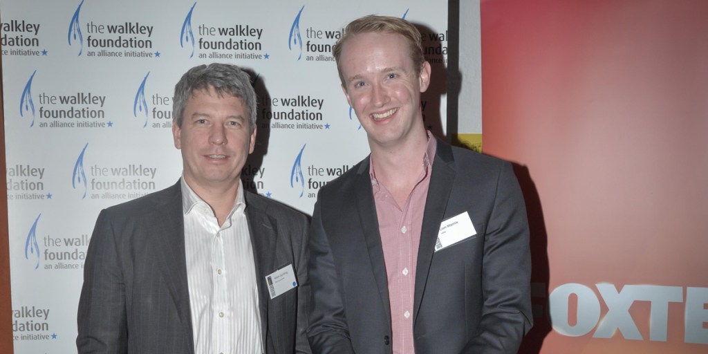 InDaily's Liam Mannix (right) after receiving his award last night. Pictured with Adam Suckling, a representative of the category sponsor News Corp.