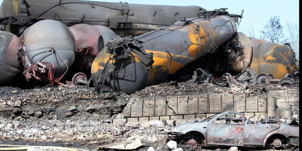 The burned out wreckage of rail tankers piled up in Lac Megantic, Quebec.