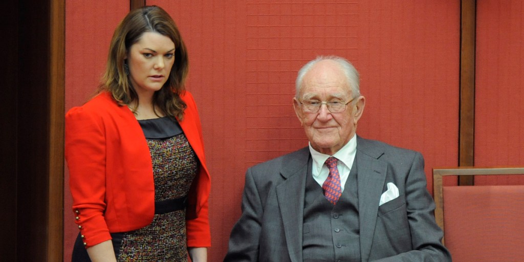 Malcolm Fraser with Greens Senator Sarah Hanson-Young in Canberra last year.