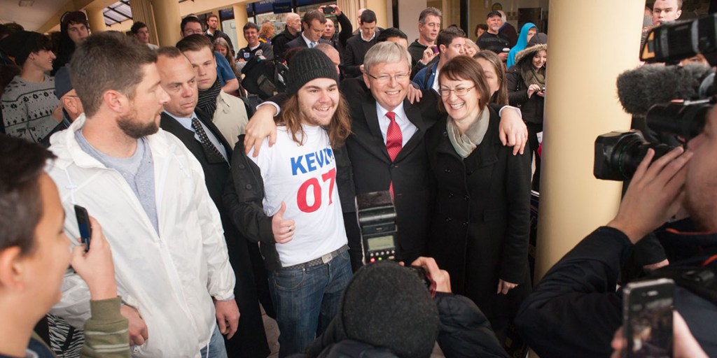 Kevin Rudd with supporters: his return as PM has boosted Labor's poll numbers.