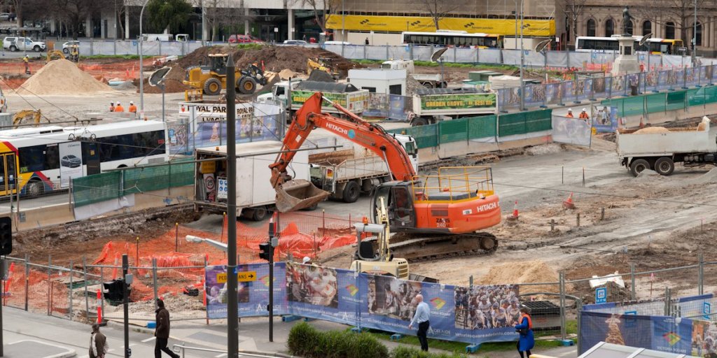 Works continuing yesterday on the Victoria Square revamp. Photo: Nat Rogers/InDaily