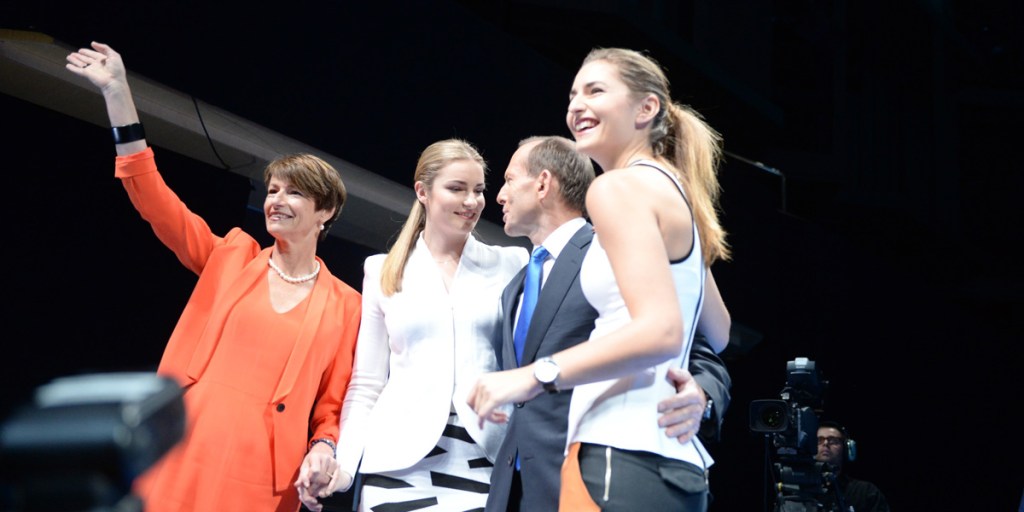 Coalition Leader Tony Abbott with his family before the Liberal Party campaign launch in Brisbane yesterday. 