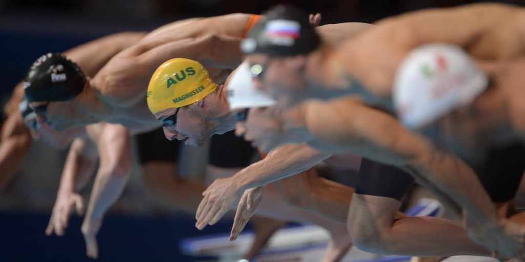 James Magnussen leaves the blocks at the start of the men's 100-metre freestyle semi-final.