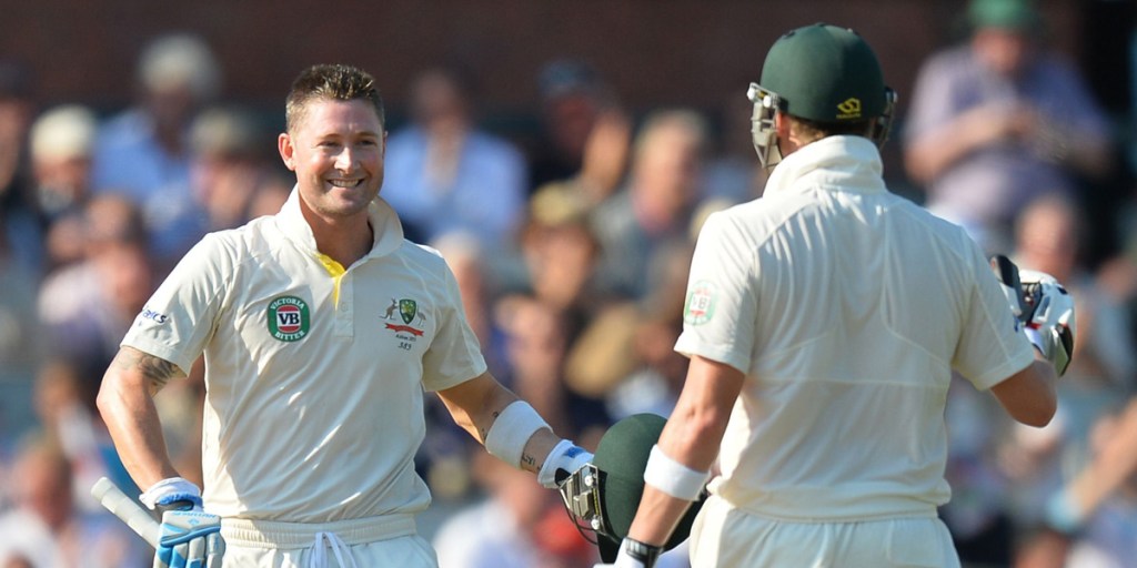 Australian captain Michael Clarke celebrates his century at Old Trafford.