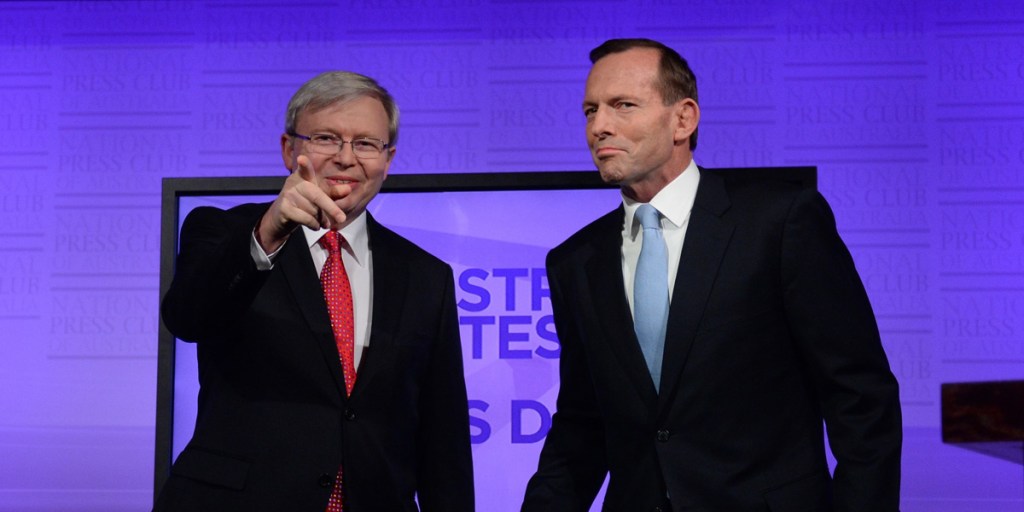 Are we having fun yet? Kevin Rudd and Tony Abbott at last Sunday's debate.