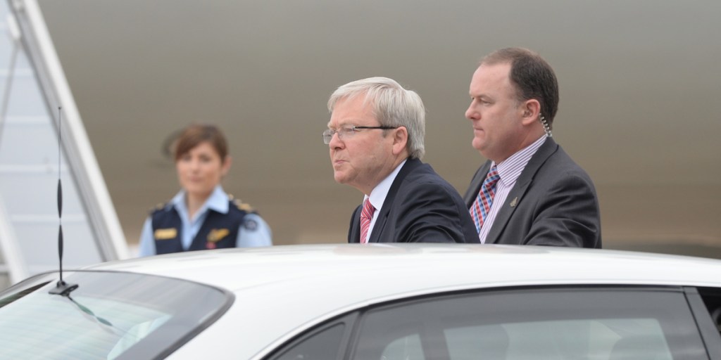 Prime Minister Kevin Rudd arrives at Fairbairn Airport in Canberra today. He was in Canberra for a second security briefing on the unfolding situation in Syria.