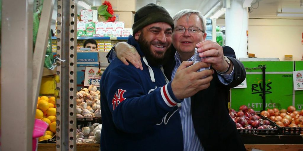 A double selfie for Kevin Rudd on the campaign trail in Parramatta.