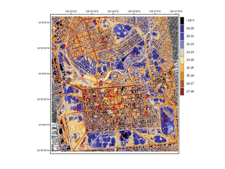 Surface brightness temperatures of the CBD and North Adelaide in the early hours of 7 March 2011.