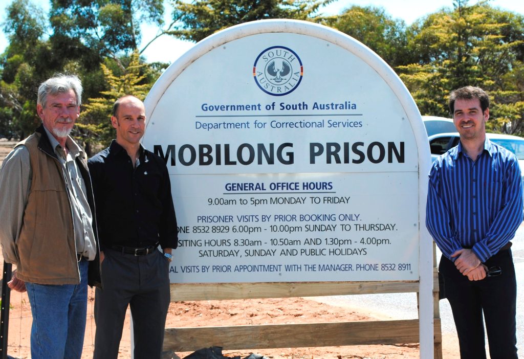 Flinders Foundation Program teachers outside  Mobilong (from left): Mr Sean Mangan from TAFE SA, and Mr Jarrad Stallard and Dr Michael X Savvas from the Flinders Transition Office.
