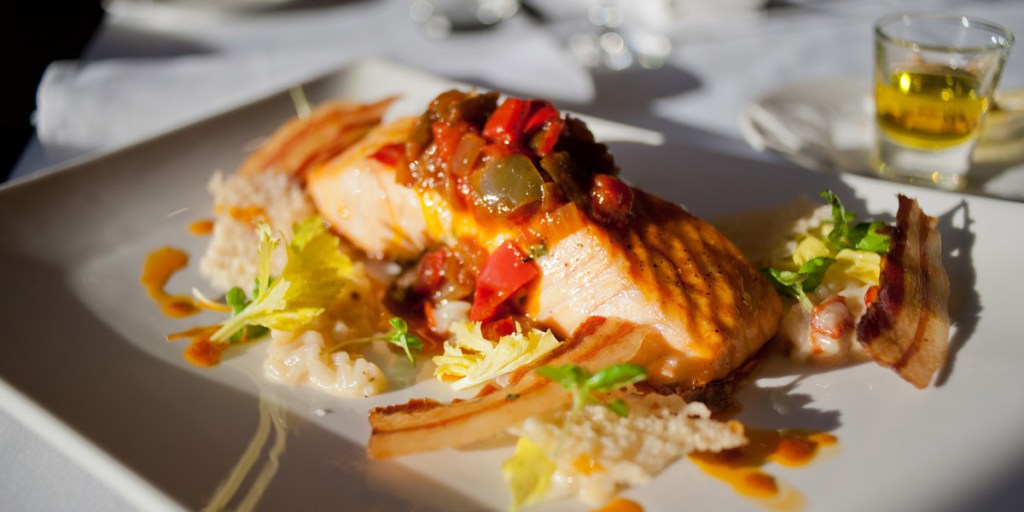 Thumbnail for Grilled salmon with risotto and piperade
