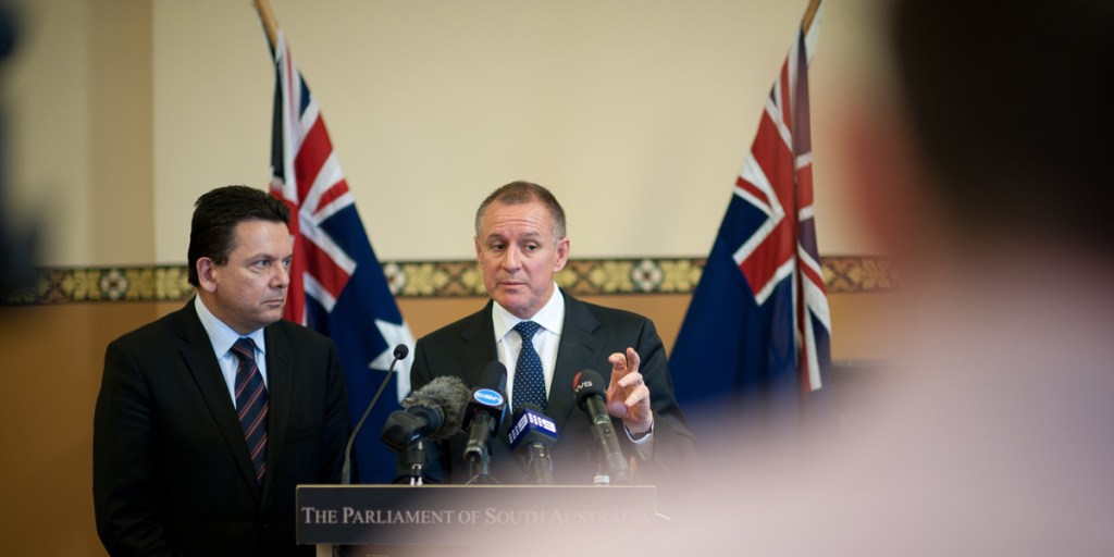 Nick Xenophon (left) and Jay Weatherill at a joint media conference yesterday.