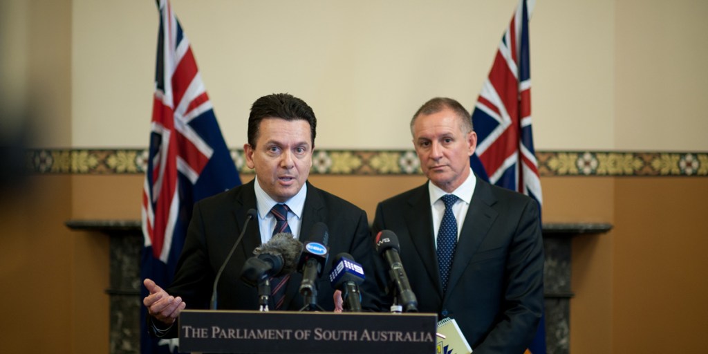 Nick Xenophon and Jay Weatherill in Parliament House this week. Photo: Nat Rogers/InDaily