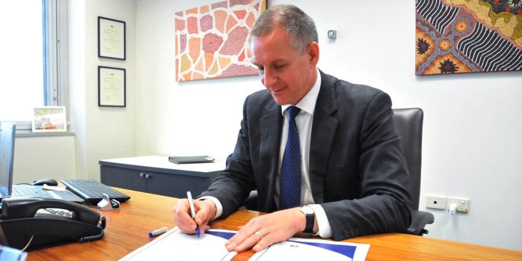 Premier Jay Weatherill signs the open data declaration this morning. 