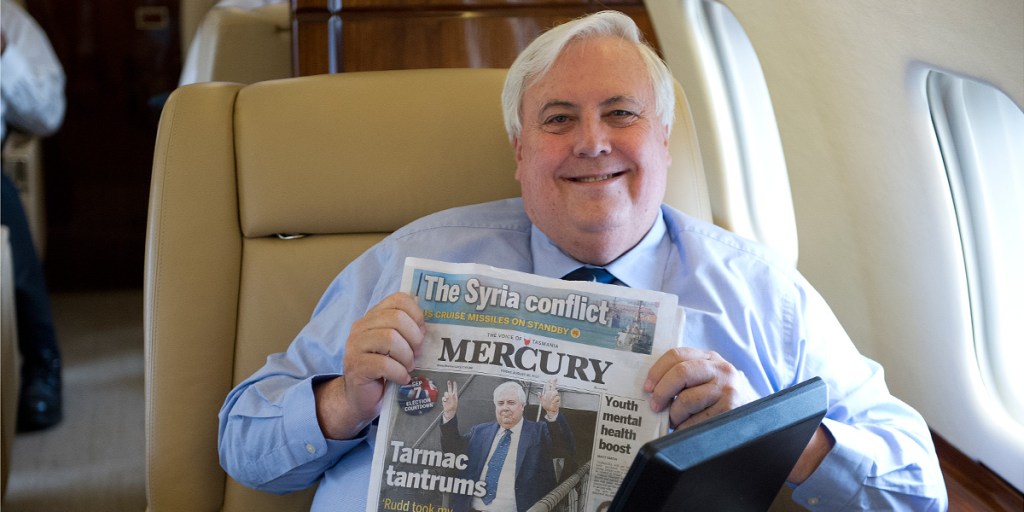 Clive Palmer on board his plane in Tasmania last week.