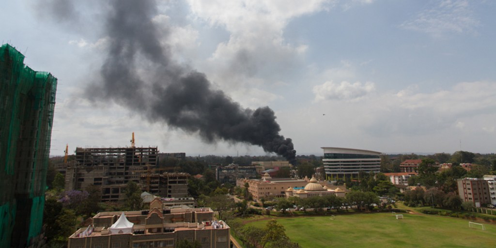 Smoke rises from the Westgate shopping mall in Nairobi during the battle between Kenyan security forces and Somali Islamist gunmen.