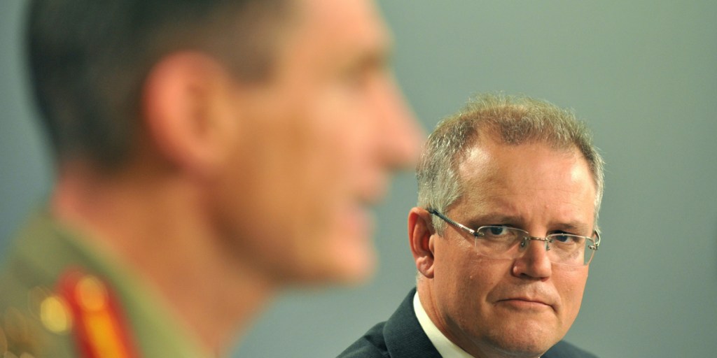 Minister for Immigration and Border Protection, Scott Morrison (right), with Operation Sovereign Borders Commander, Lieutenant General Angus Campbell.