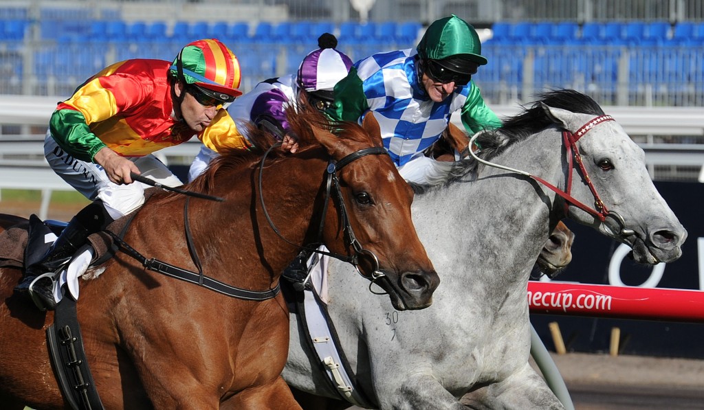 Happy Trails (left) pushes through to win the Turnbull
