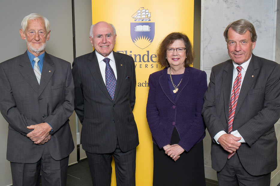 (from left) Professor Dean Jaensch, former PM John Howard, Professor Phyllis Tharenou and Flinders Uni Chancellor Stephen Gerlach