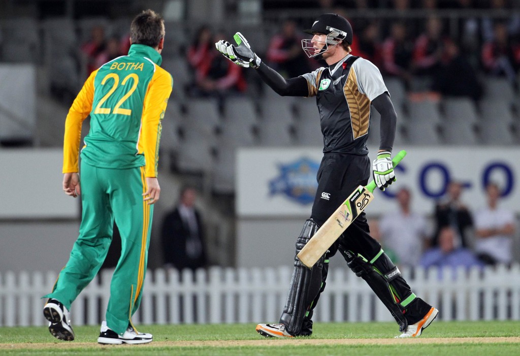 New Zealand's Martin Guptill unhappy after being is dismissed by Johan Botha in 2011