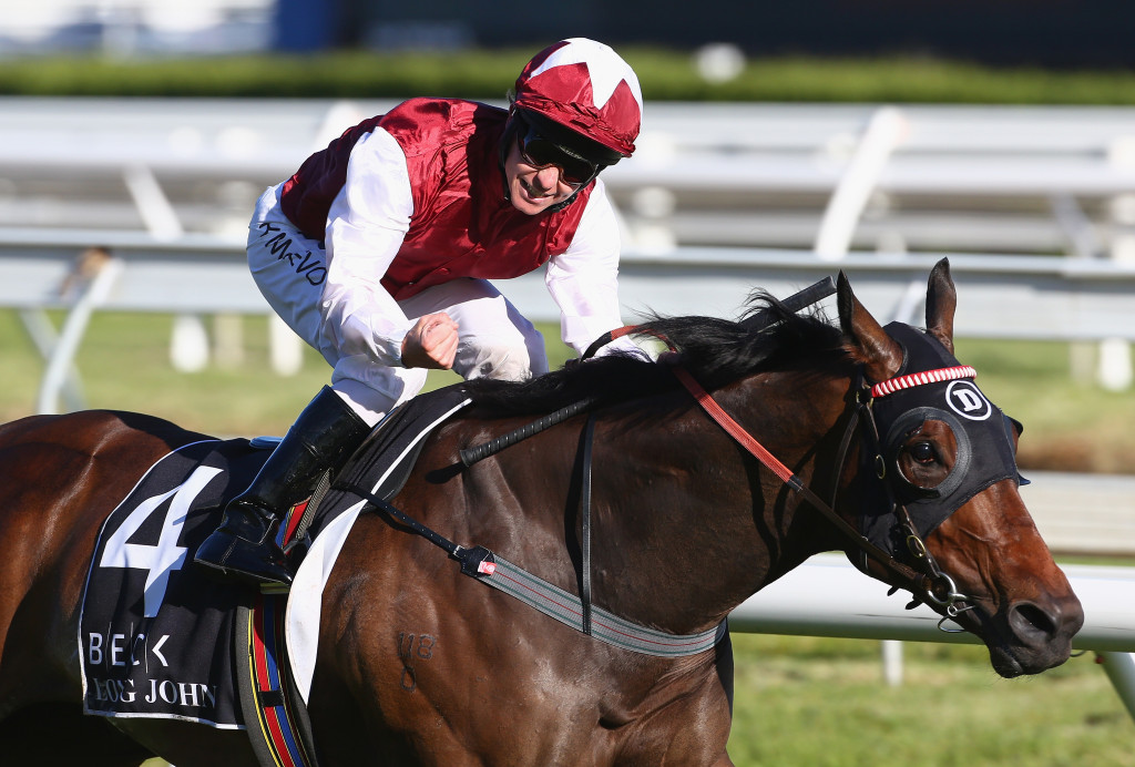 McEvoy celebrates aboard Long John in the Caulfield Guineas