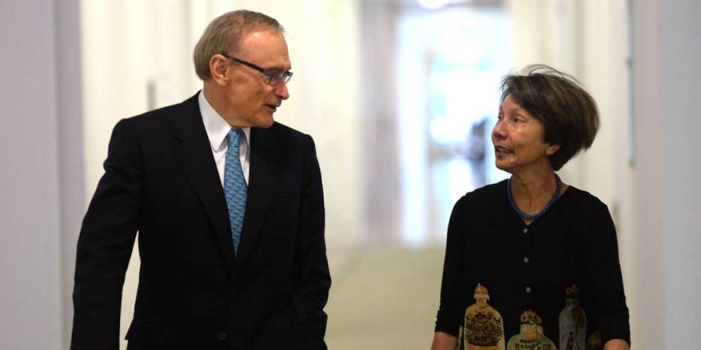 Bob Carr and his wife Helena before a press conference at Parliament House today where he announced his resignation from Parliament.
