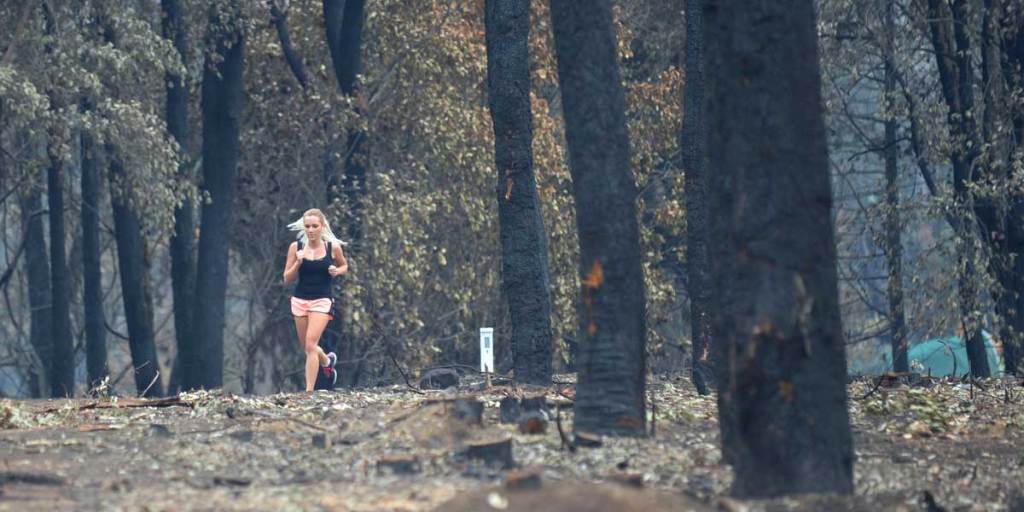 Resident Rachel Sargent goes for her regular run along Single Ridge Road through burnt bushland near the town of Winmalee, in the Blue Mountains, yesterday.