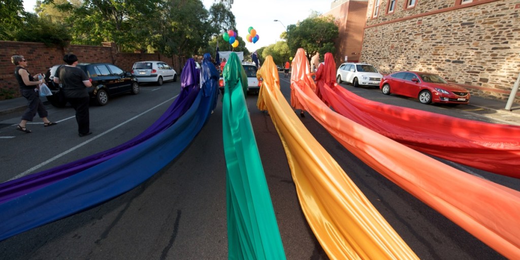 Participants in the gay pride march in Adelaide, held annually during Feast Festival. Photo: Ian Buckland