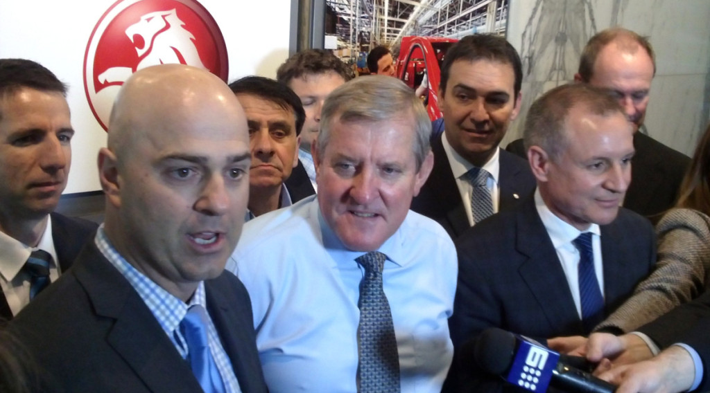 Holden's Mike Devereux with Federal Industry Minister Ian McFarlane and Premier Jay Weatherill