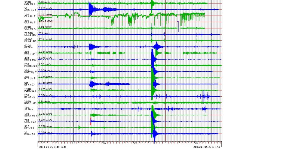 An image purportedly of South Australia's seismograph network readings from this morning. Source: http://earthquakes.mappage.net.au