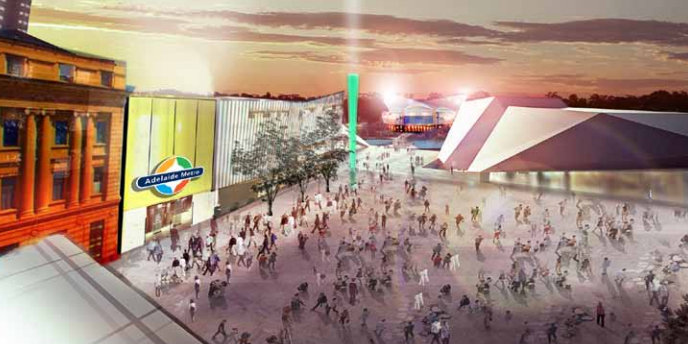 A still from the Festival Centre's Masterplan showing the Plaza and Centre joined on the same level.