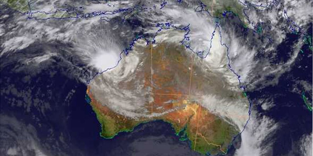 A 2012 image of a tropical cyclone moving towards the Pilbara and Kimberley coasts of Western Australia.