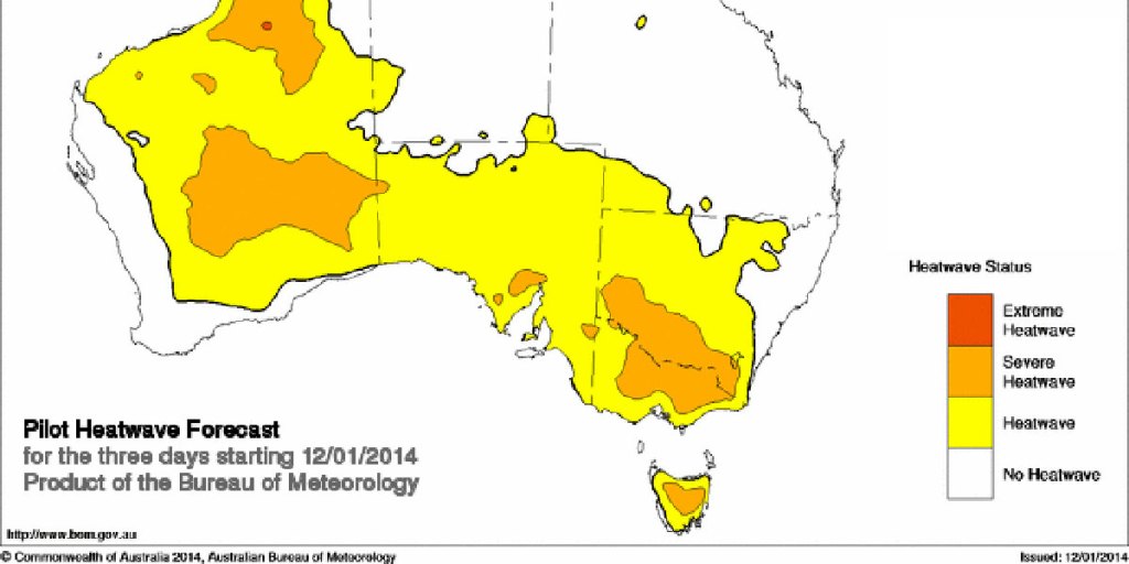 This Bureau of Meteorology map shows heatwave conditions over much of western and south-eastern Australia.