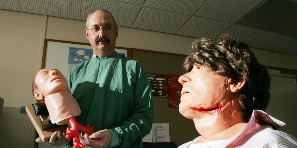 Professor Harry Owen, of Flinders Medical Centre Department of Anaesthesia with a simulator dummy. Picture by Bryan Charlton / InDaily