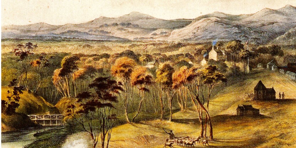 Detail from an E.A. Opie painting showing the position of the first bridge over the Torrens. North Tce is on the right and Government House can also be seen. Image courtesy State Library of South Australia and Francis Edwards Ltd.