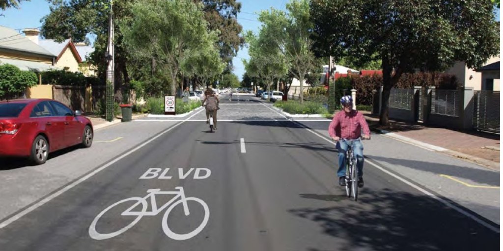 An artist's impression of what a bicycle boulevard on Beulah Road might look like.