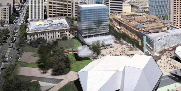 An image from an early masterplan for the Festival Plaza, one of several which show a new office block on or near the public space.
