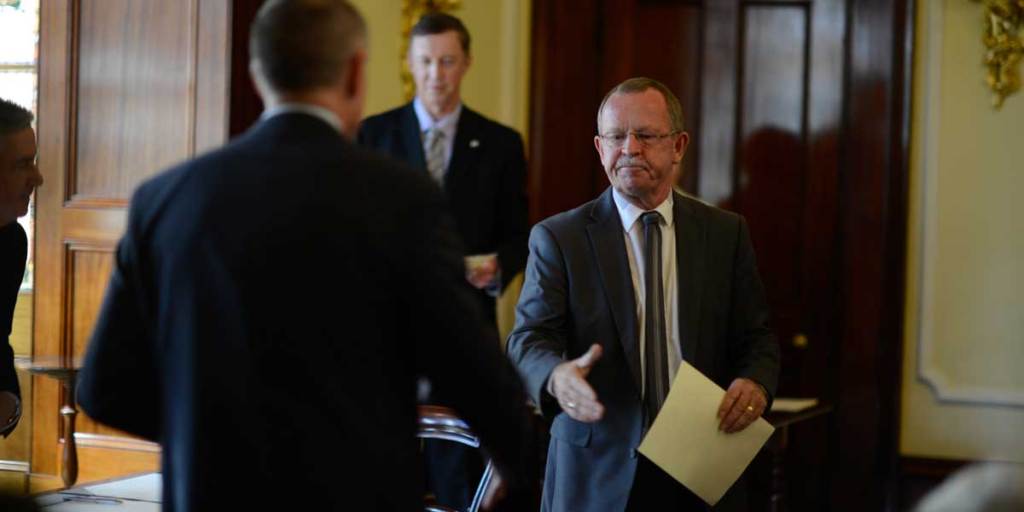Geoff Brock is congratulated by Premier Jay Weatherill after this week's signing in ceremony at Government House. Photo: Nat Rogers/InDaily