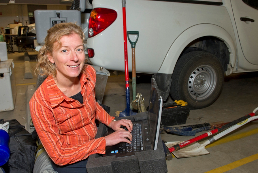 Dr Margaret Shanafield checking her equipment before a field trip