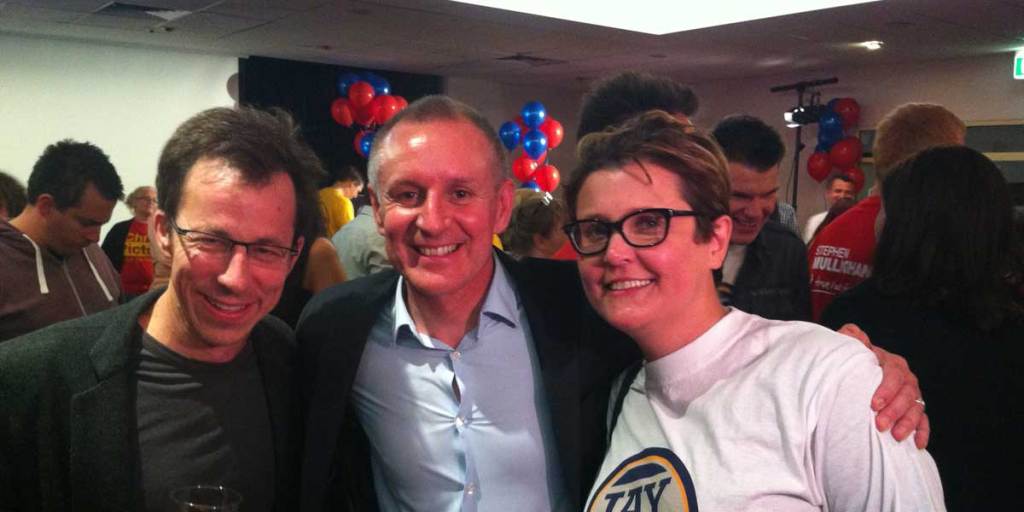 Simon Blewett (left) with Jay Weatherill and media adviser Bronwyn Hurrell on election night.