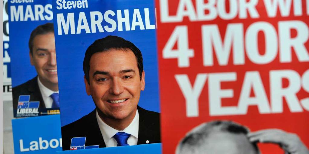 Election posters outside the East Adelaide Primary School polling booth in Steven Marshall's seat of Dunstan on Saturday.