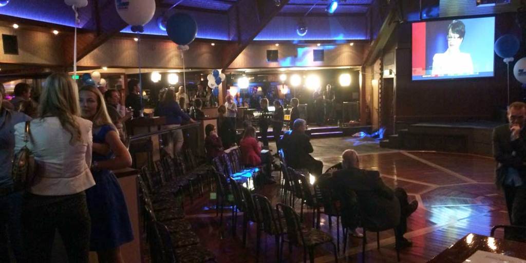 Liberal deputy Vickie Chapman on the big screen at her party's election night function.