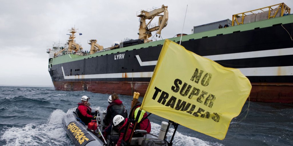 Greenpeace activists attempt to stop the FV Margiris - the world's second largest factory fishing trawler - from entering Port Lincoln's harbour in 2012.