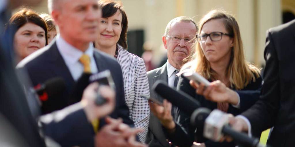 Geoff Brock listening to Jay Weatherill at Government House last week. Photo: Nat Rogers/InDaily 