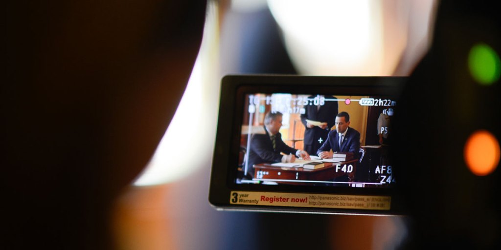 A TV camera captures Tom Koutsantonis being sworn in as Treasurer last month. Photo: Nat Rogers/InDaily